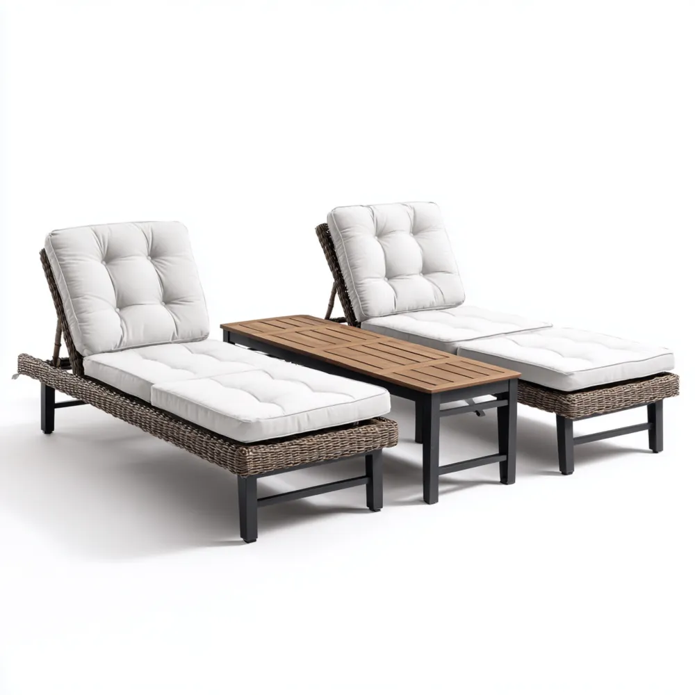 Set di Lettini Prendisole in Rattan Sintetico Imbottiti 200x65x35 cm con Tavolino 90x40x35 cm - Bianco/Marrone/Grigio