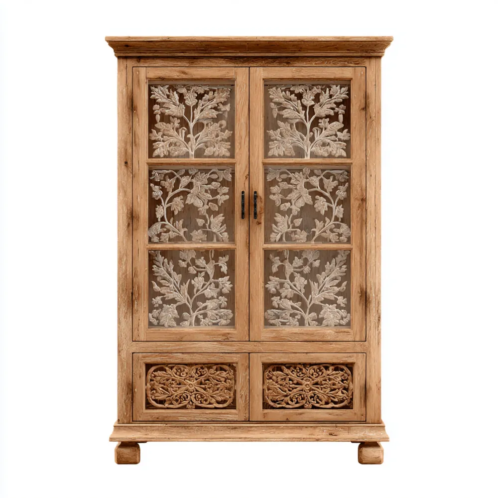 Armadio in legno massello con intagli 120x200x40 cm - Naturale - Design rustico