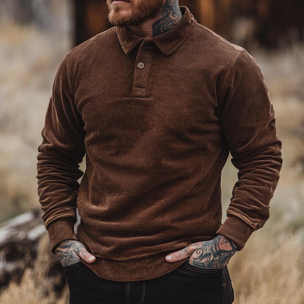 Men's Vintage Corduroy Polo Collar Long Sleeve Sweatshirt