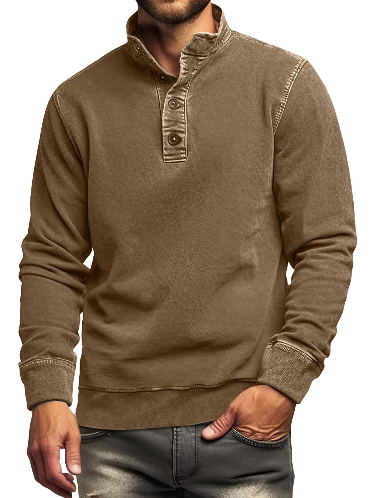 Men's Retro Casual Stand Collar Button Solid Color Sweatshirt