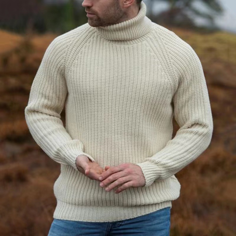 Men's Retro Western Style Knitted Sweater Turtleneck Pullover Off-white
