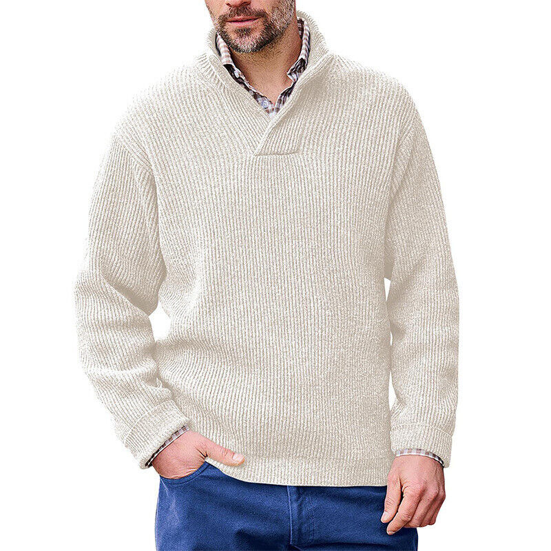 Men's solid color casual pullover long-sleeved V-neck loose sweater