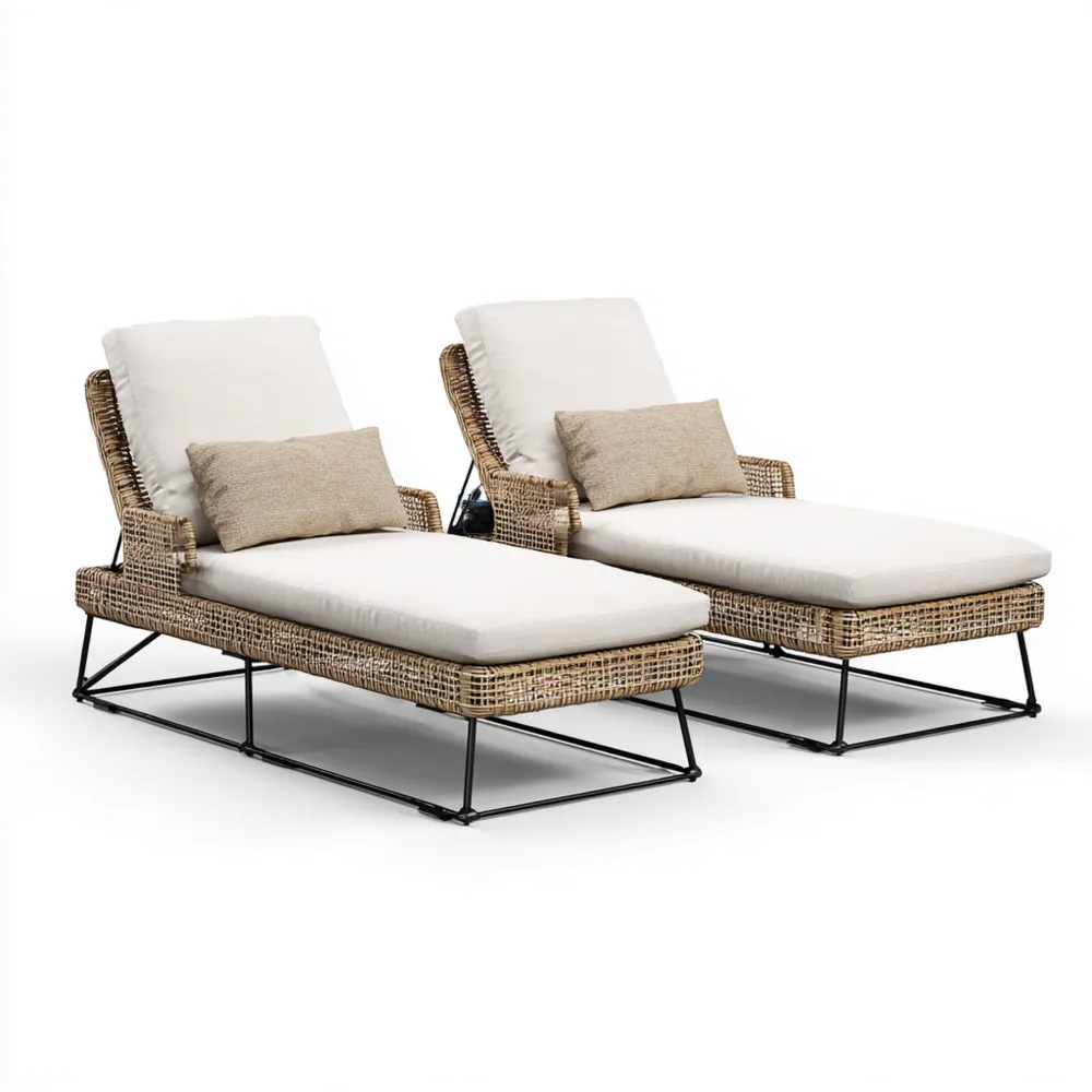 Chaise longue de jardin en osier synthétique 200x75x35 cm - Beige