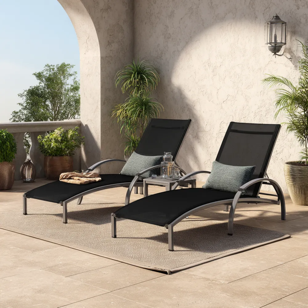 Chaise longue de jardin en aluminium et textilène 196x64x32 cm - Noir