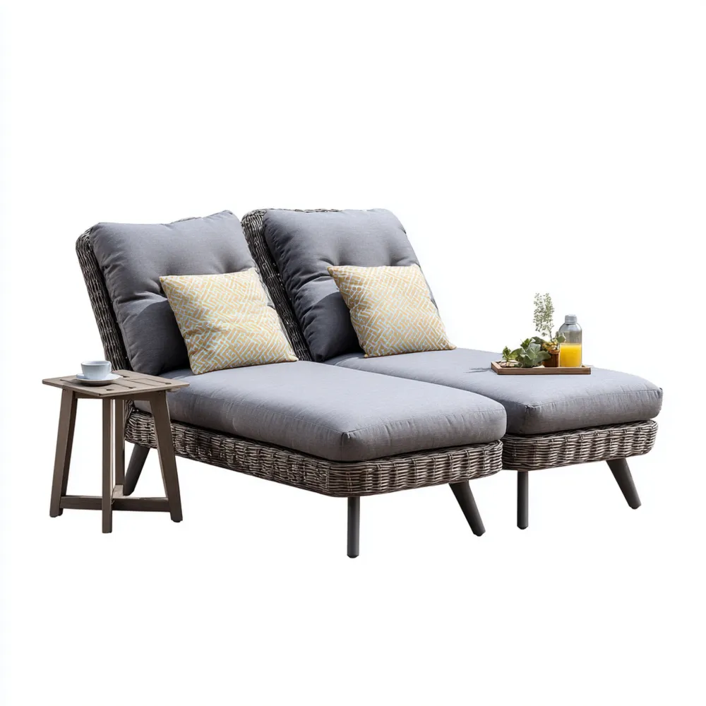 Chaise longue de jardin en rotin 200x70x80 cm coussins Gris - Design contemporain