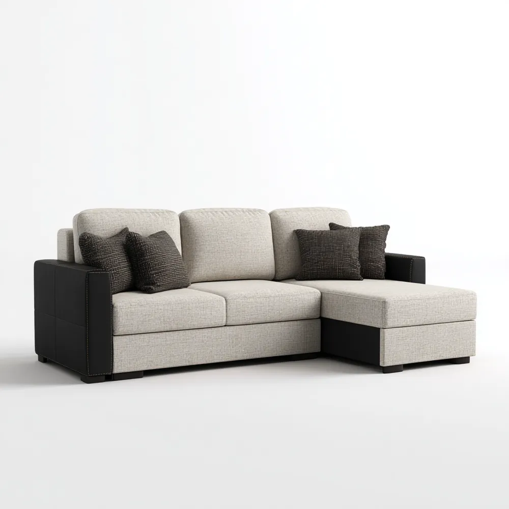 Canapé d'angle tissu et simili cuir 250x160x85 cm – Beige/Noir – Design moderne