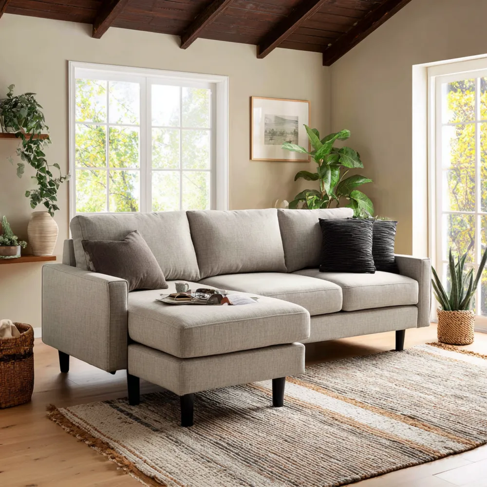 Canapé d'angle en tissu doux 240x160x85 cm – Gris clair – Design moderne