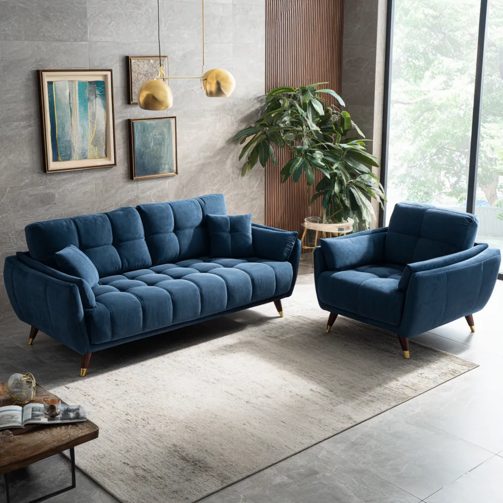 Ensemble de canapés en tissu 200x90x85 cm et 100x90x85 cm Bleu moderne