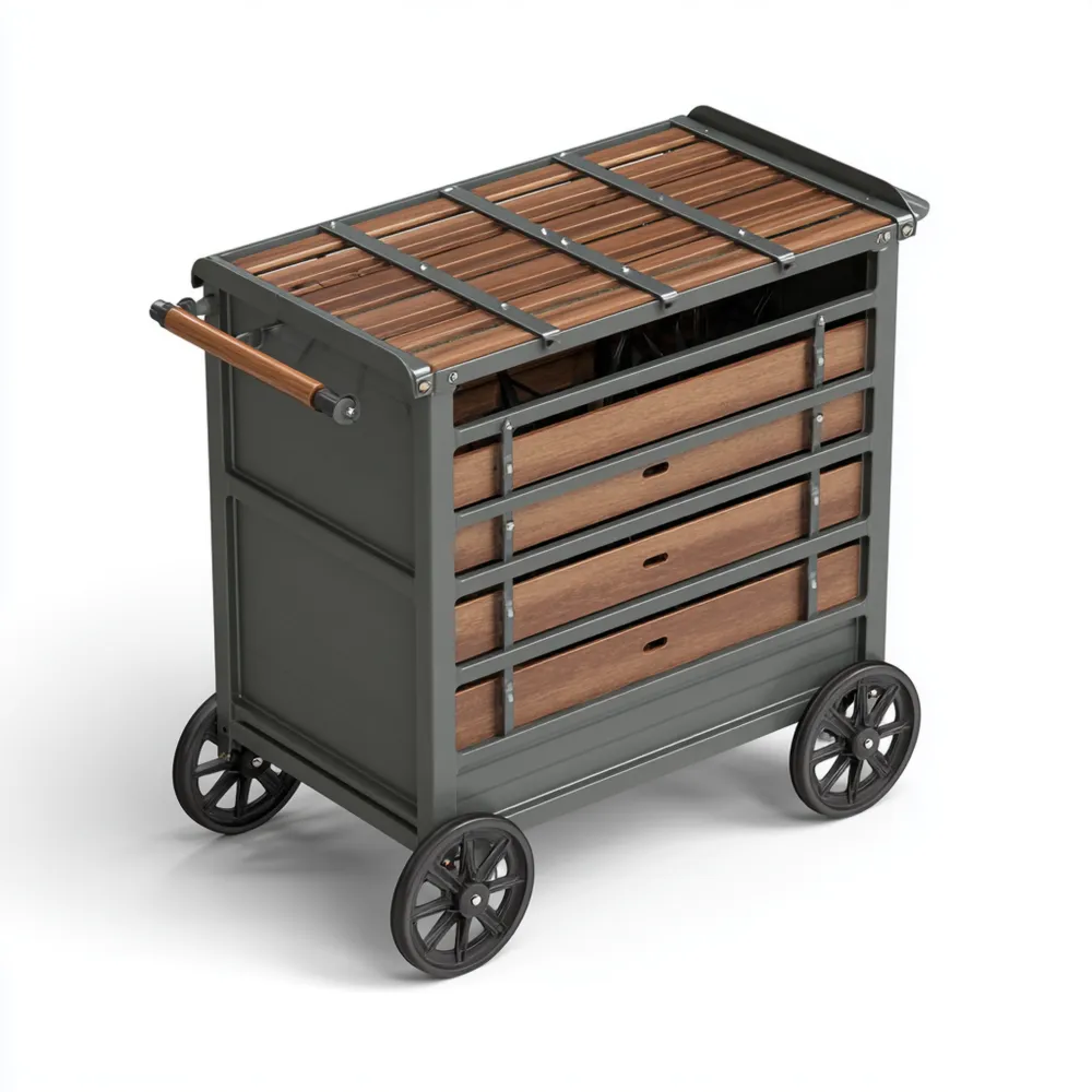 Chariot de rangement extérieur Métal/Bois 120x60x90 cm avec roues – Design moderne