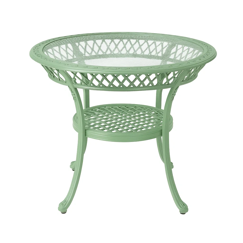 Tavolo rotondo in alluminio verde con piano in vetro temperato-LUXESHACKZZ