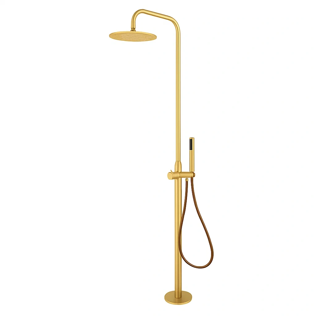 Doccia da esterno freestanding in ottone spazzolato dorato-LUXESHACKZZ