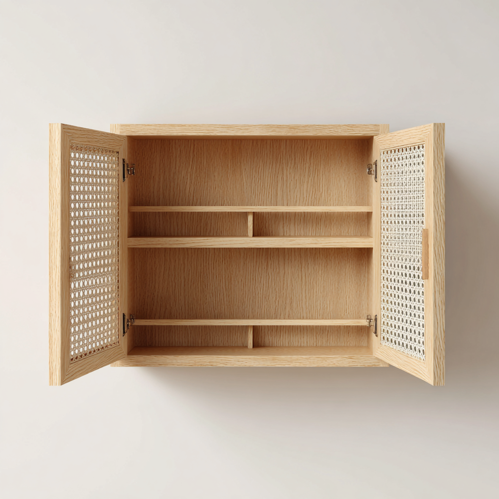 Rangement De Salle De Bain Bois 55x18x60 Cm - Bois Naturel - Avec Portes En Cannage Et Étagères Internes-Havengetnest