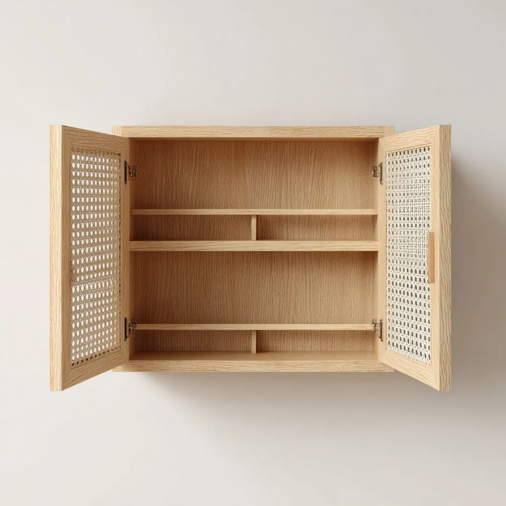 Rangement De Salle De Bain Bois 55x18x60 Cm - Bois Naturel - Avec Portes En Cannage Et Étagères Internes-Havengetnest