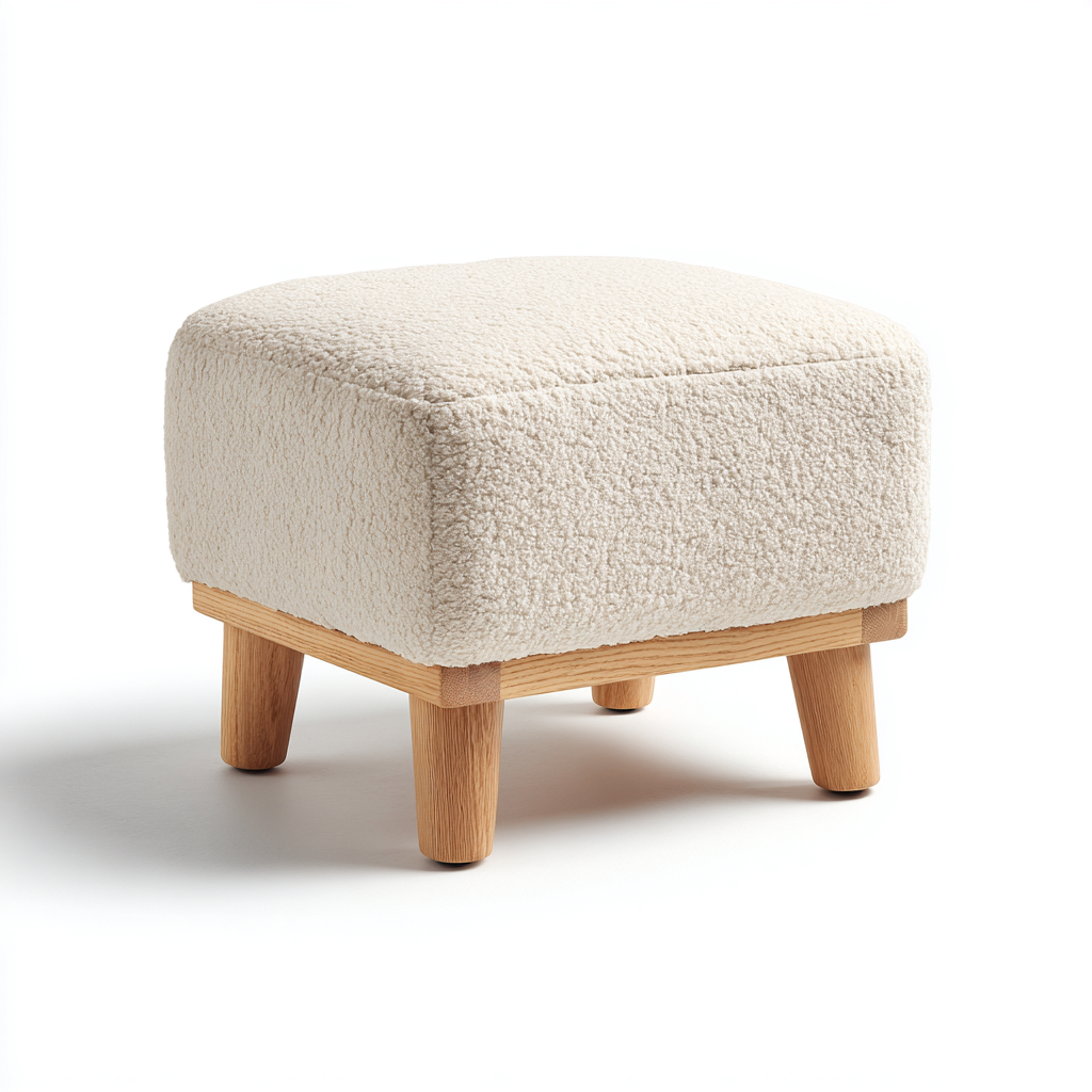 Pouf Tissu Bouclé Et Bois 42x42x38 Cm - Blanc Cassé - Adapté Au Salon - Design Moderne-Havengetnest