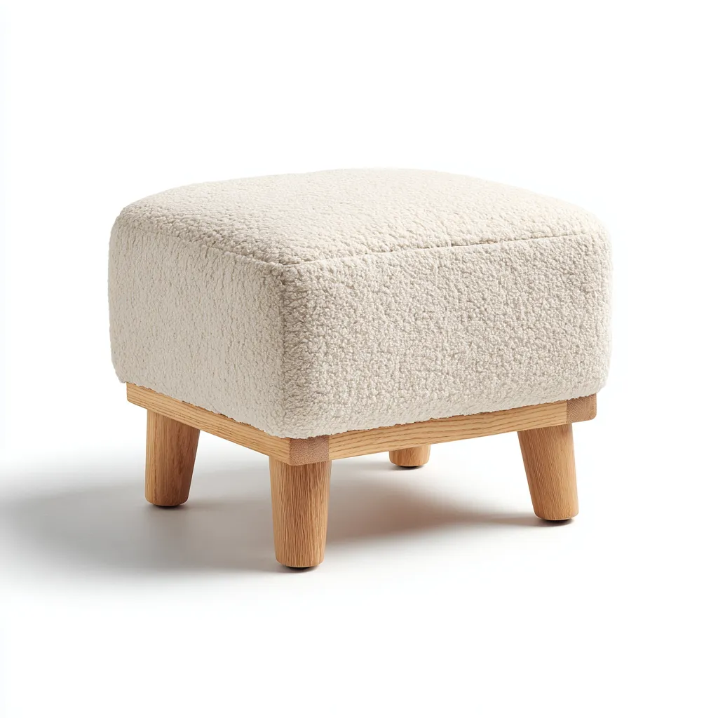 Pouf Tissu Bouclé Et Bois 42x42x38 Cm - Blanc Cassé - Adapté Au Salon - Design Moderne-Havengetnest
