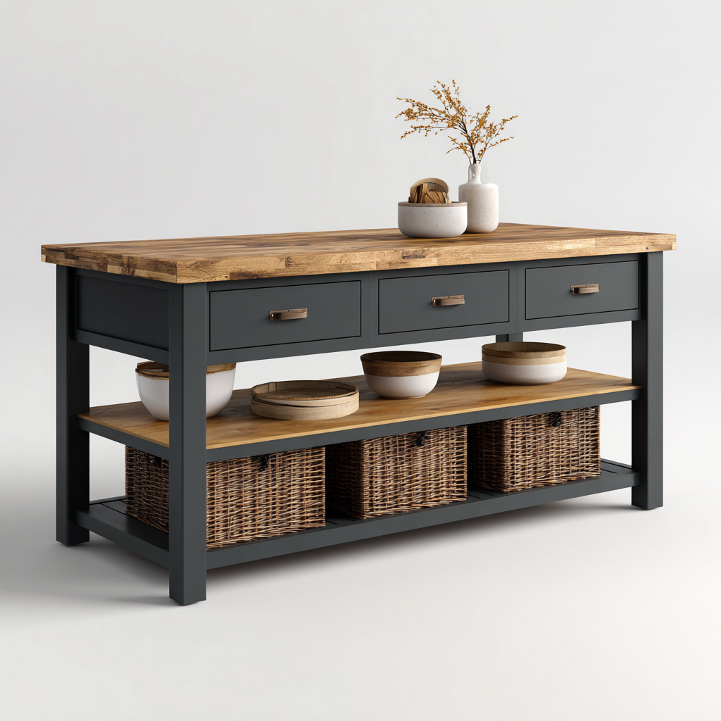 Îlot De Cuisine Bois Massif 160x55x90 Cm - Gris Foncé-Bois Naturel - Adapté Pour Cuisine - Style Moderne Rustique-Havengetnest
