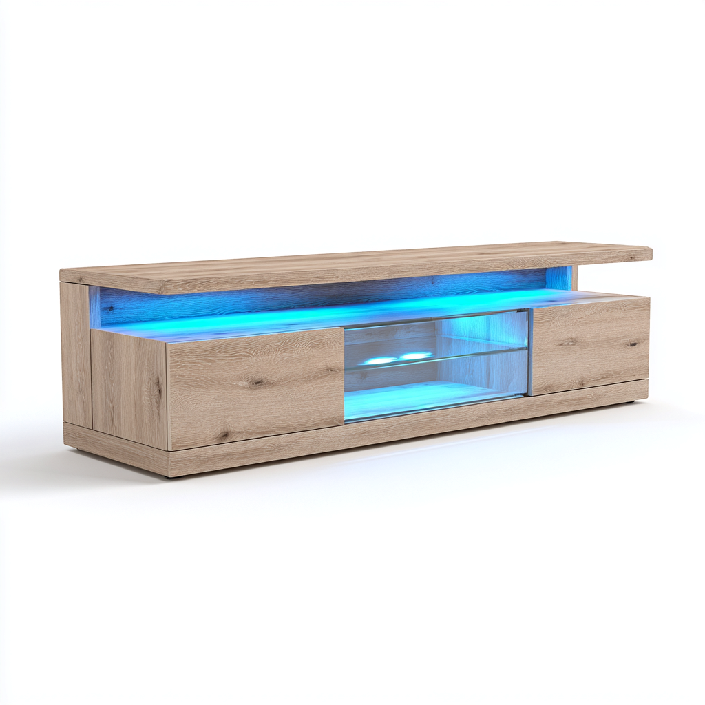 Meuble Télé Bois Verre 160x40x50 Cm - Chêne Clair-Transparent - Adapté Pour Salon - Style Moderne-Havengetnest