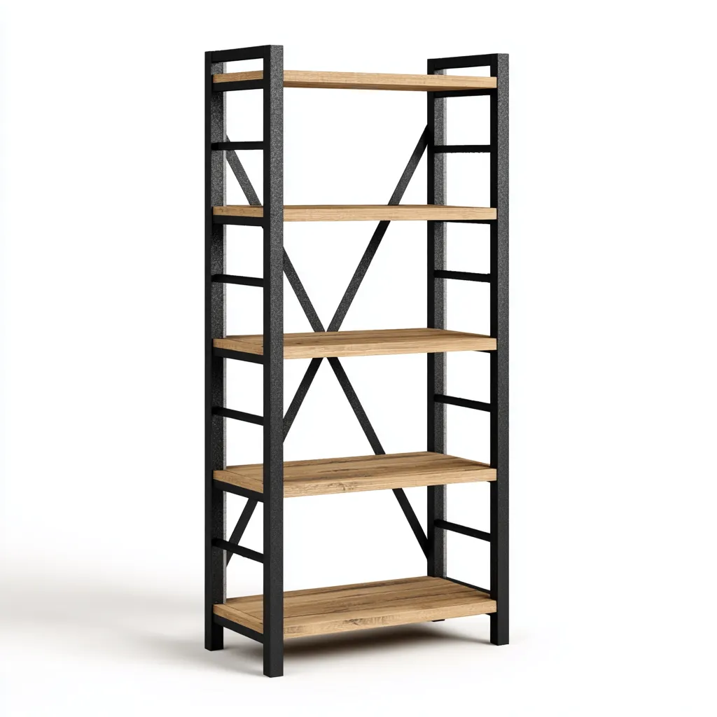 Bibliothèque Métal Et Bois 80x30x185 Cm-Bois Naturel-Design Industriel-Pour Salon-Havengetnest