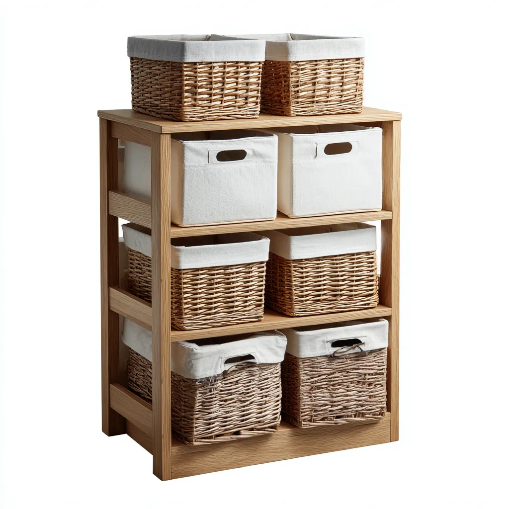 Rangement De Salle De Bain Bois Et Tissu 50X30X110 Cm - Blanc-Naturel - Pour Salle De Bain - Meuble De Rangement À Paniers Design Moderne-Havengetnest