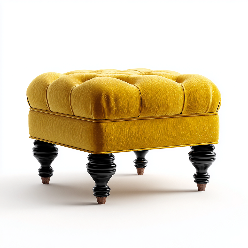 Pouf Velours Et Bois 46x46x40 Cm - Jaune - Adapté Au Salon - Design Classique-Havengetnest