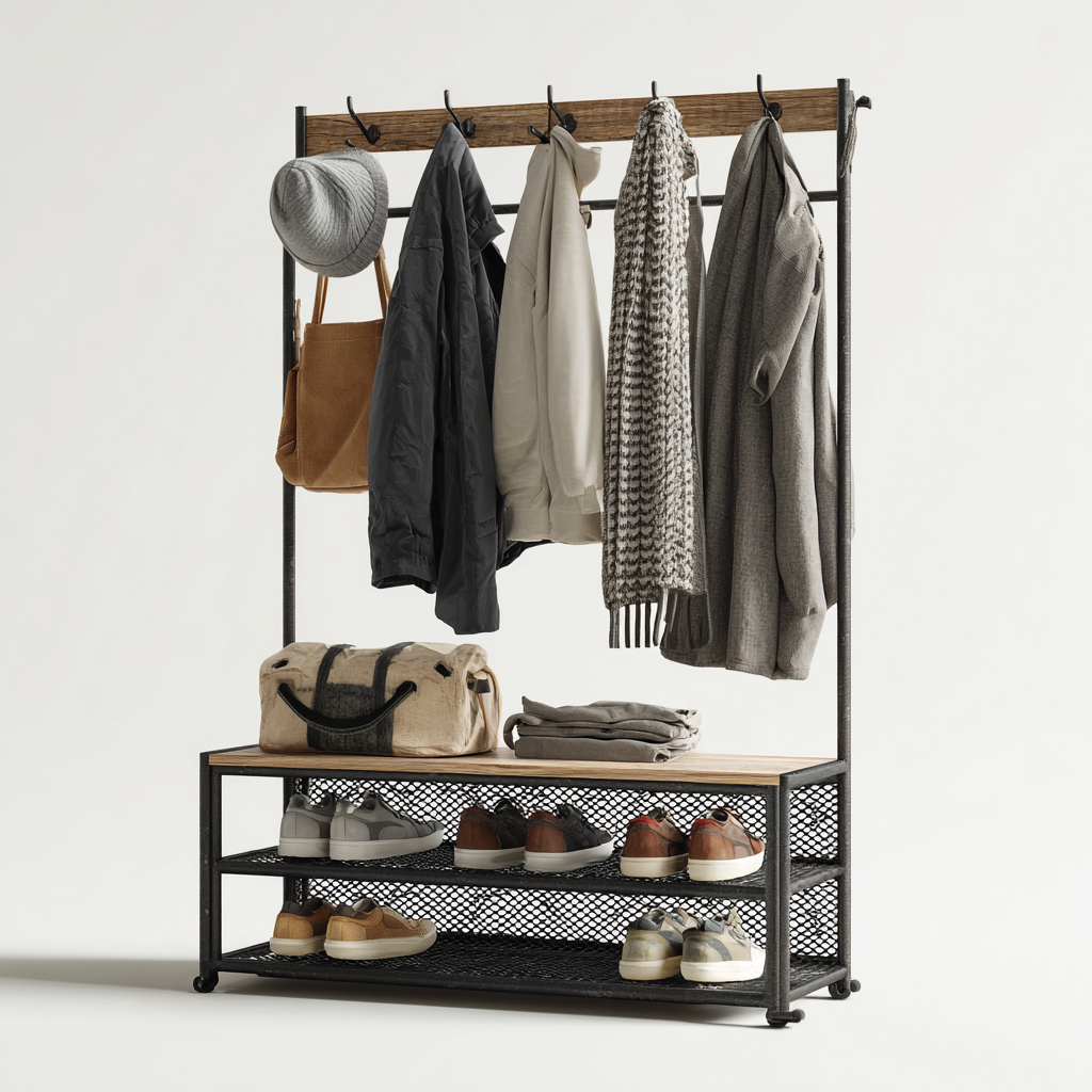 Porte Manteau Bois Et Métal 90X40X180 Cm - Chêne-Noir - Style Industriel-Havengetnest