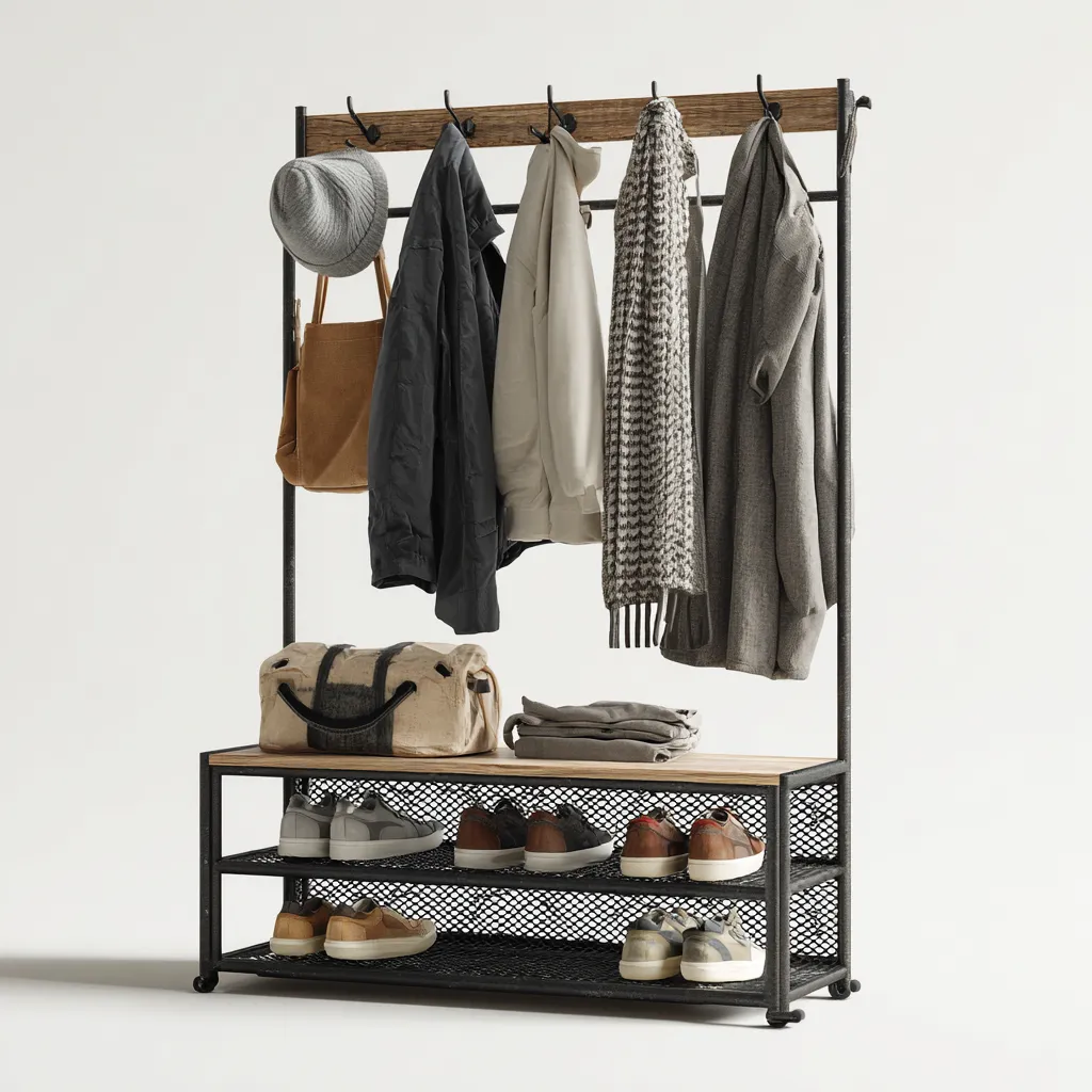 Porte Manteau Bois Et Métal 90X40X180 Cm - Chêne-Noir - Style Industriel-Havengetnest