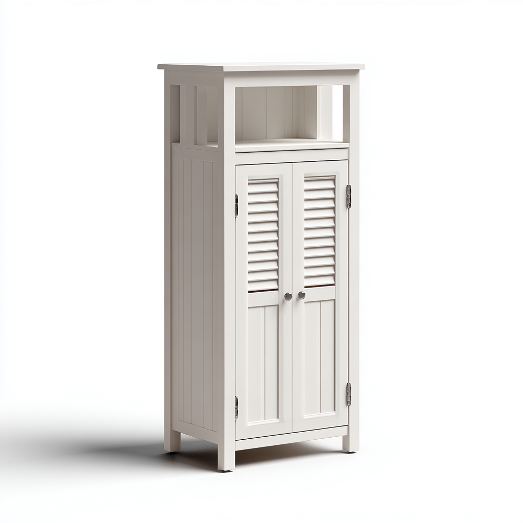 Rangement De Salle De Bain Bois 55x30x110 Cm - Blanc - Avec Portes Persiennes Et Niche Ouverte-Havengetnest