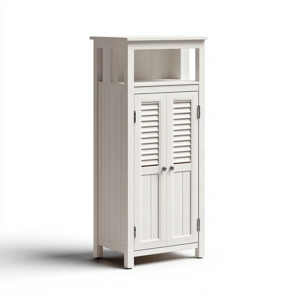 Rangement De Salle De Bain Bois 55x30x110 Cm - Blanc - Avec Portes Persiennes Et Niche Ouverte-Havengetnest