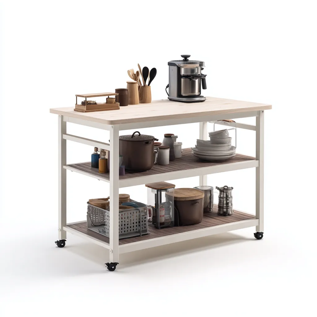 Îlot De Cuisine Métal-Bois 120x55x90 Cm - Blanc-Bois Naturel - Adapté Pour Cuisine - Style Moderne-Havengetnest