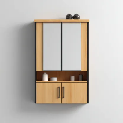 Rangement De Salle De Bain Bois 60x20x75 Cm - Bois Naturel-Noir - Avec Portes Miroirs Et Étagère Ouverte-Havengetnest