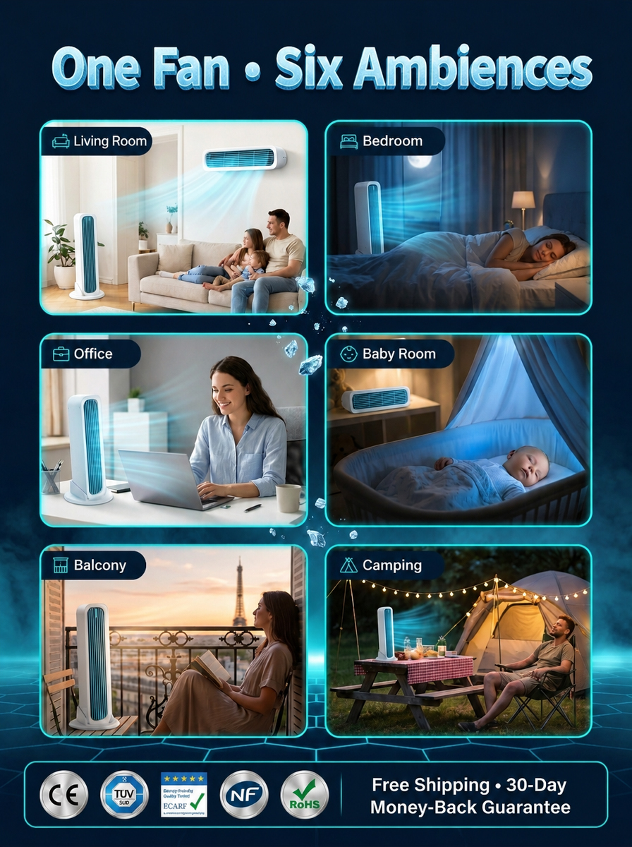 【60 seconds to cool down the entire room】Tower fan with dual-use standing and lying functions