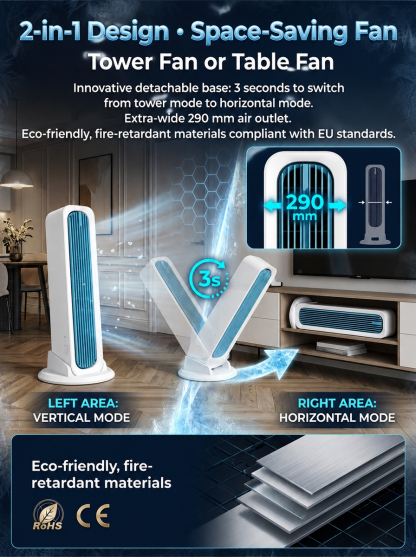 【60 seconds to cool down the entire room】Tower fan with dual-use standing and lying functions