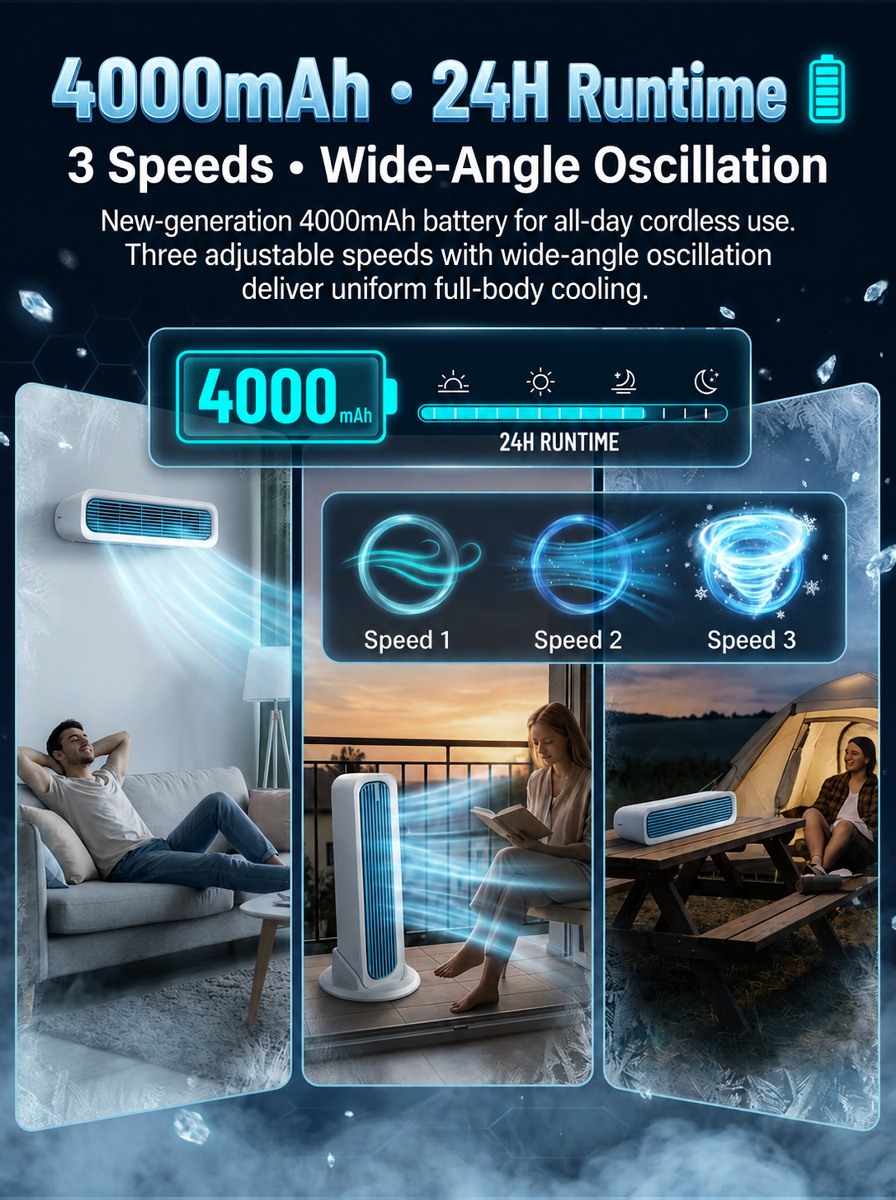 【60 seconds to cool down the entire room】Tower fan with dual-use standing and lying functions