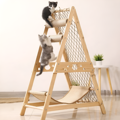 Multifunkciós tömörfa macskabútor, kaparódeszka és függőágy szett