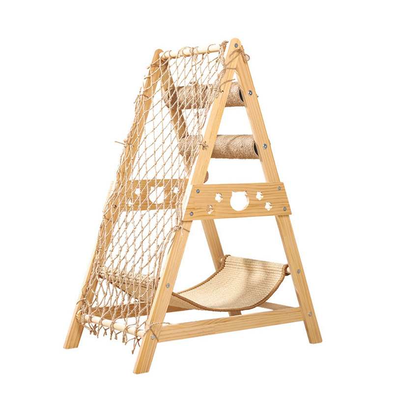 Multifunkciós tömörfa macskabútor, kaparódeszka és függőágy szett