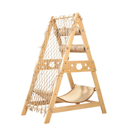 Multifunkciós tömörfa macskabútor, kaparódeszka és függőágy szett