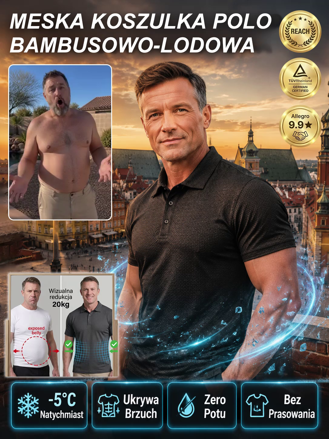 Oddychający T-shirt Męski z Jedwabiu Bambusowego – Chłodzący i Przeciw Poceniu z Bambusa Duże Rozmiary M-5XL