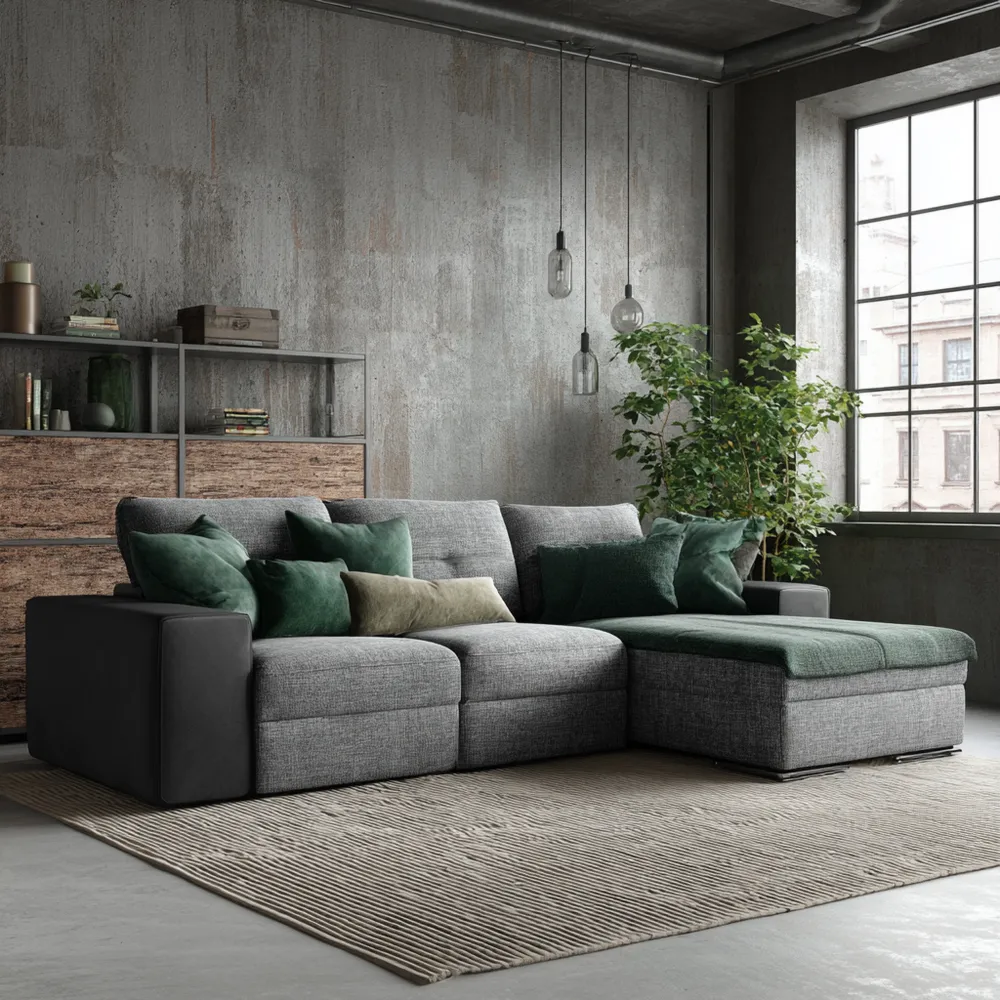 Divano angolare in tessuto 250x150x85 cm - Grigio/Verde - Stile moderno JM3579504