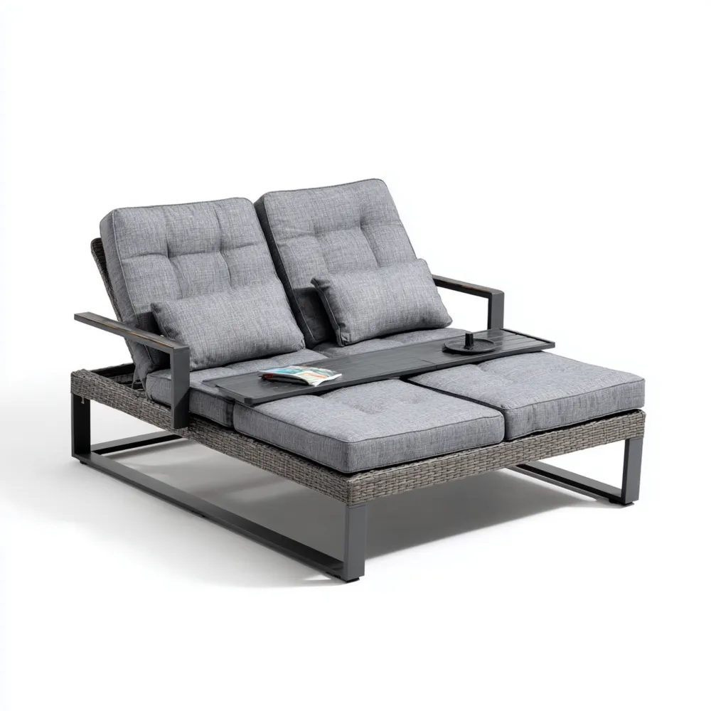 Lettino Prendisole in Rattan con Cuscini Grigi 200x140x38 cm - Design Moderno QK1442964