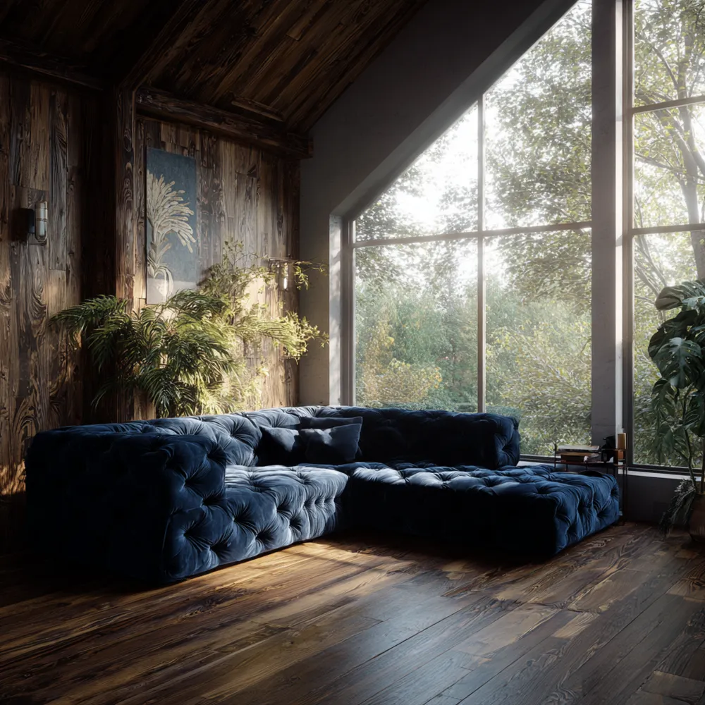 Divano angolare imbottito in velluto 300x200x85 cm - Blu - Design moderno GD6179474