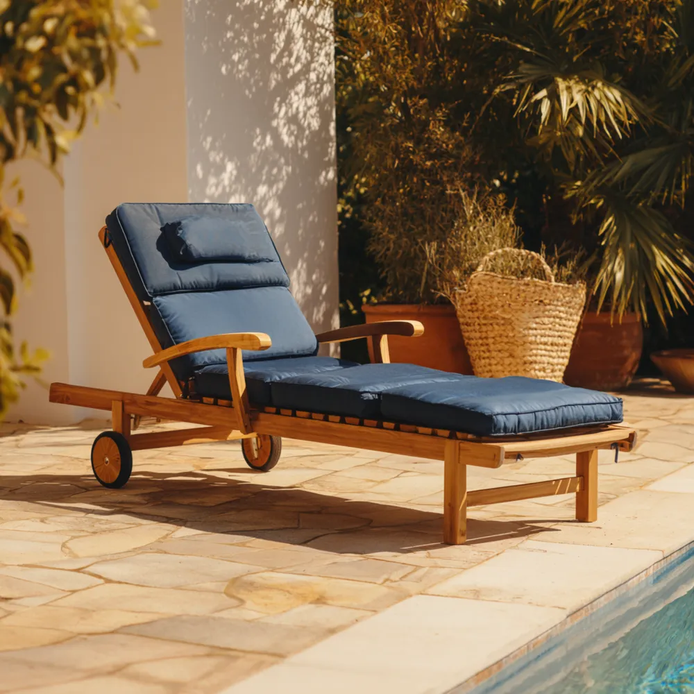 Lettino prendisole in legno massello 200x70x35 cm - Imbottitura Blu - Design regolabile RR0323964