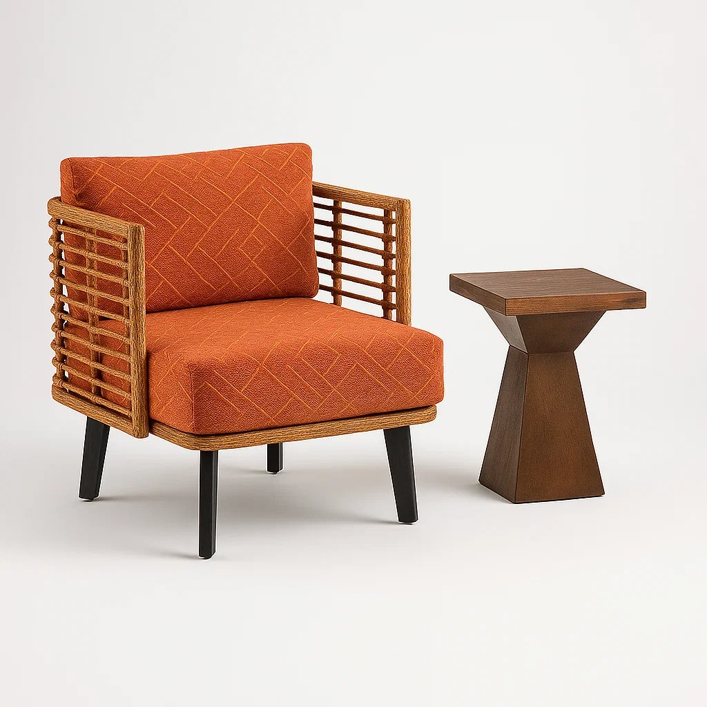 Ensemble fauteuils de détente en tissu polyester orange avec accoudoirs en bois et table en bois-SOFTFURNISHFIT