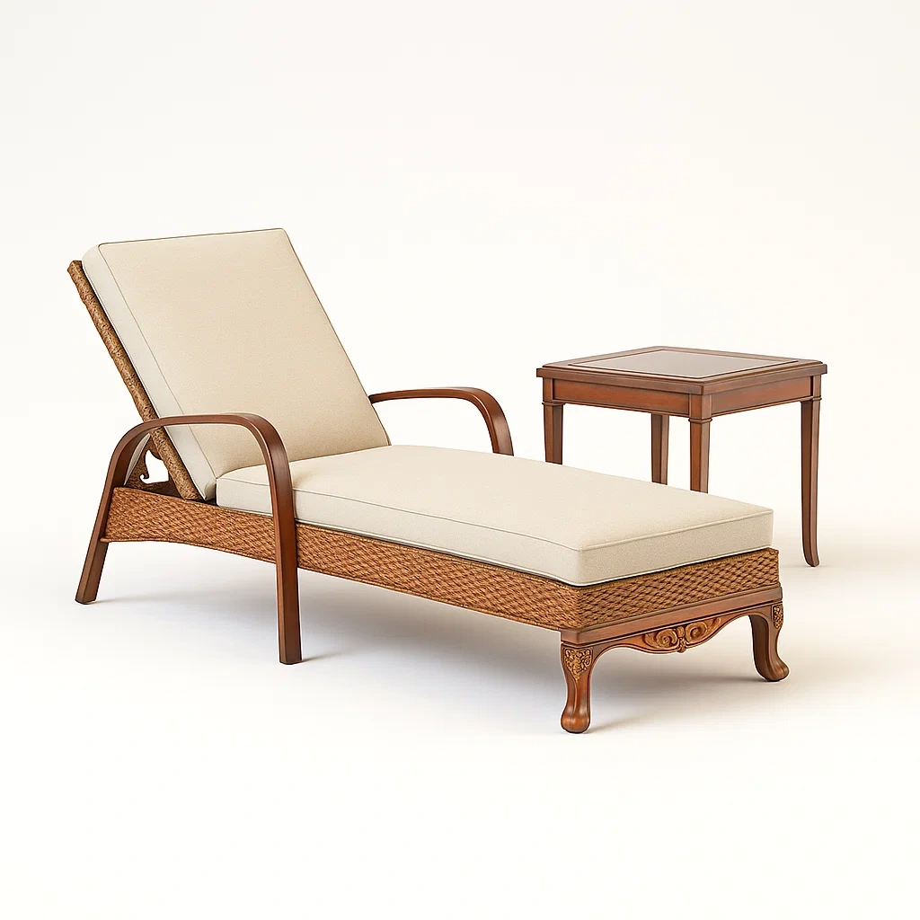 Ensemble de transat en bois et résine tressée avec table d’appoint beige-SOFTFURNISHFIT