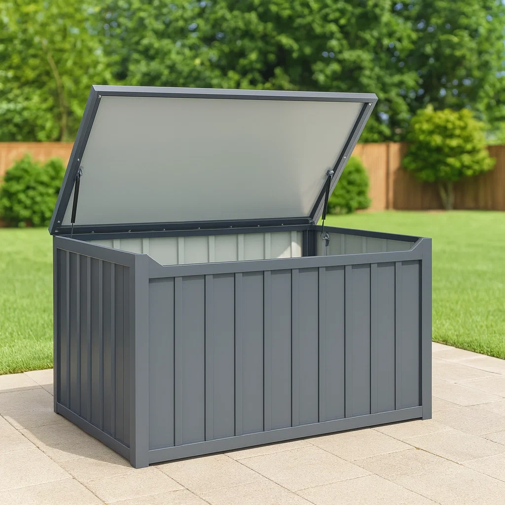 Coffre de rangement extérieur en acier de couleur grise-SOFTFURNIZONE