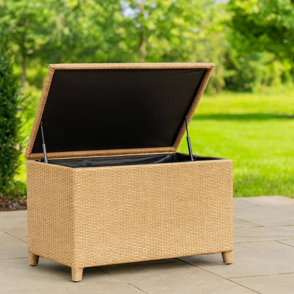 Coffre de rangement rectangulaire en résine tressée de couleur beige-SOFTFURNIZONE