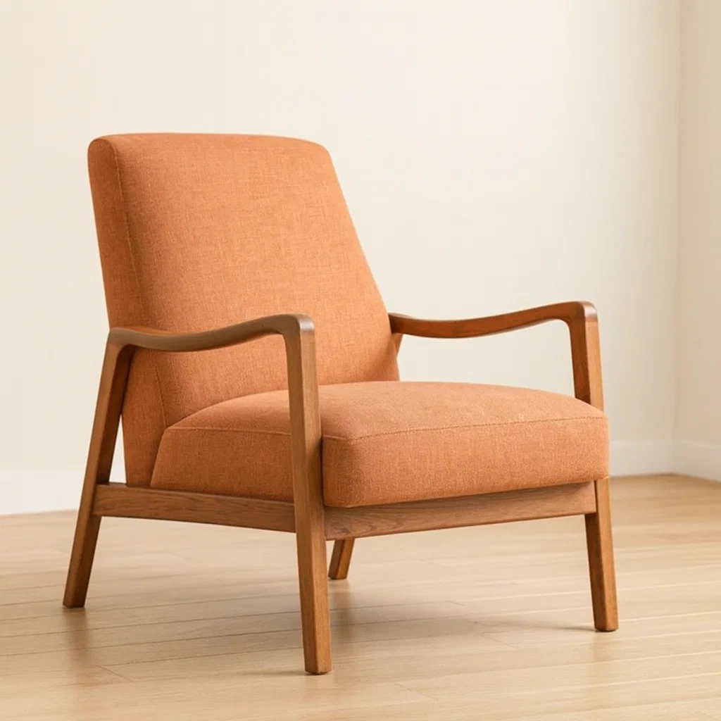 Fauteuil en tissu de couleur orange avec structure en bois-SOFTFURNIZONE