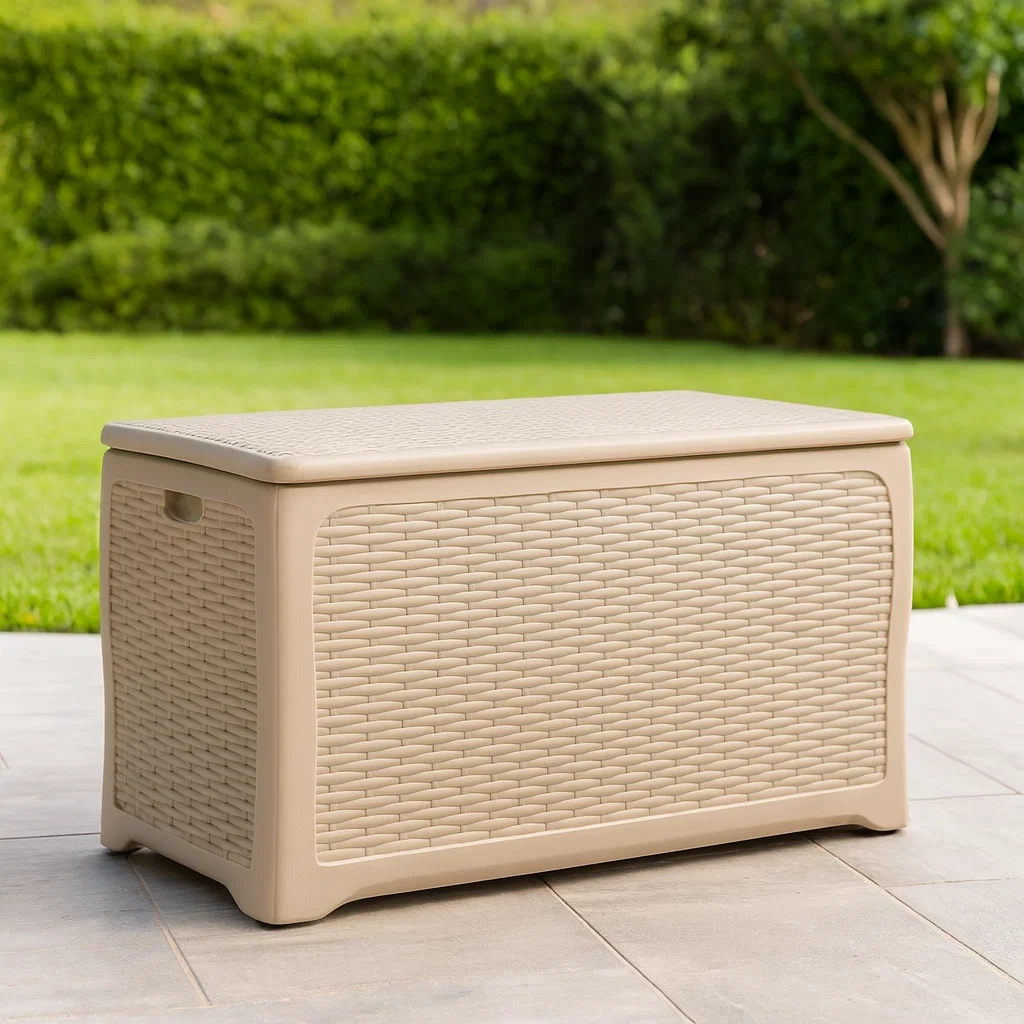 Coffre de rangement extérieur rectangulaire en plastique de couleur beige-SOFTFURNIZONE