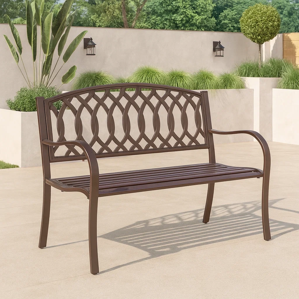 Banc de jardin en métal de couleur marron-SOFTFURNIZONE