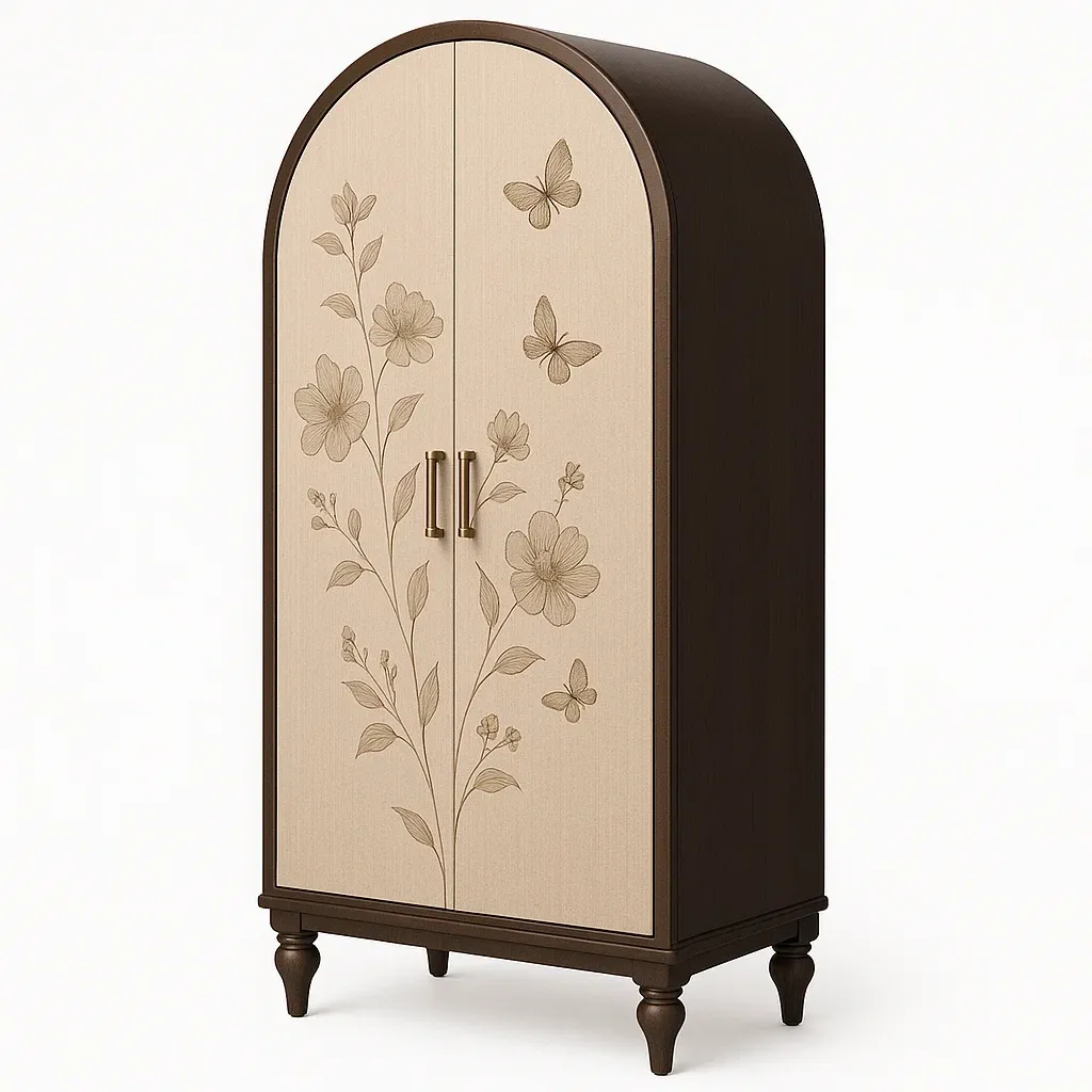 Armoire en bois massif avec motif floral et portes arrondies-PLUSHFURNIFIT