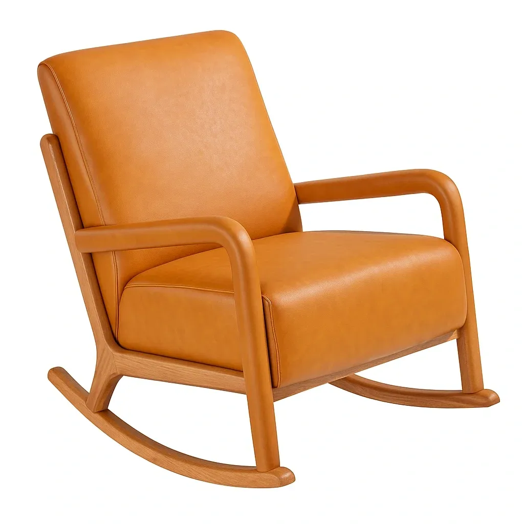 Fauteuil à bascule en cuir synthétique et bois brun-PLUSHFURNIFIT